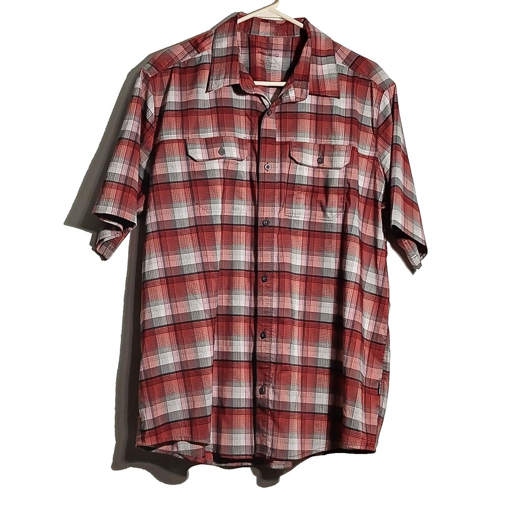 Swiss Tech Shirt Short Sleeve Pockets Size XL Plaid Red Gray Black White Zipper